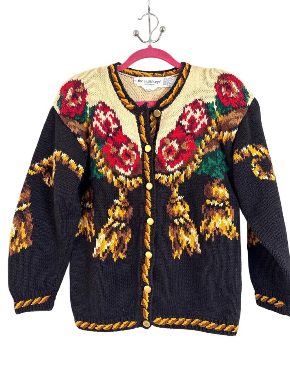 Vintage Floral Hand Knit Cardigan Sweater Gold Buttons Floral Old Money Small